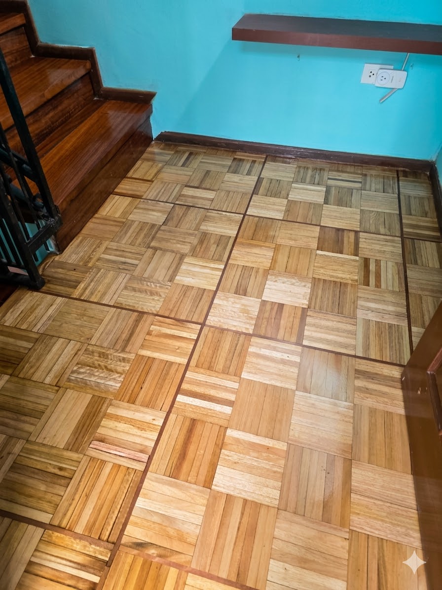 Piso parquet madera natural patrón cuadriculado instalado en Quito por JOMAD carpinteros